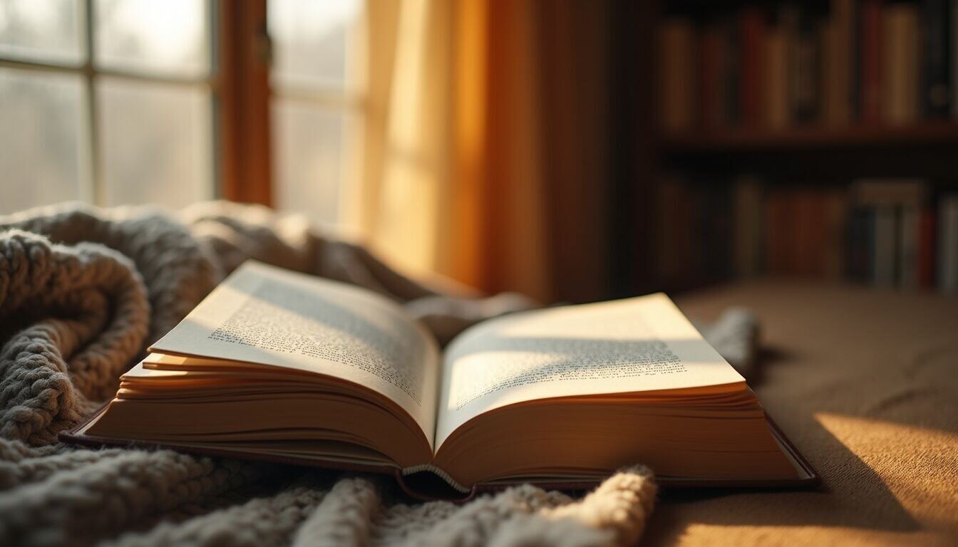 Close-up of a cozy reading nook with a soft throw and warm lighting
