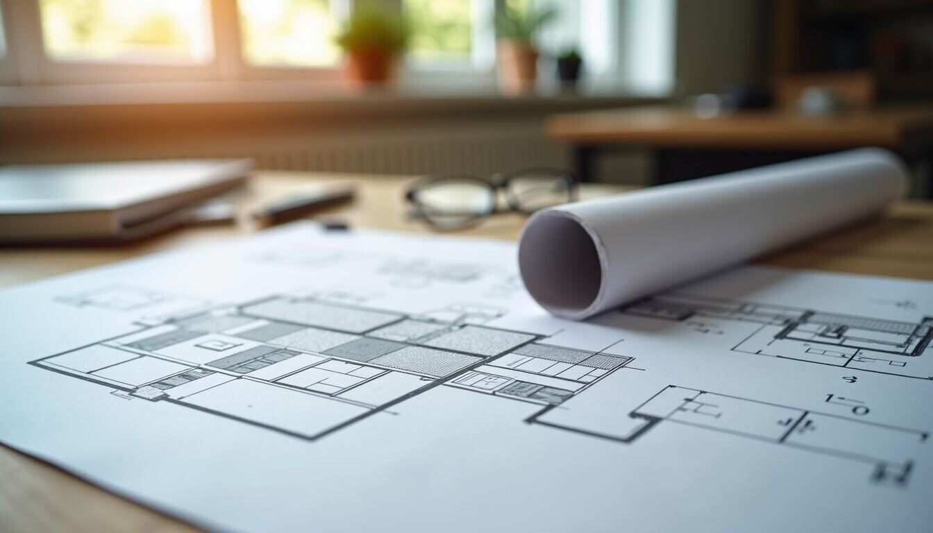 High angle view of a home remodeling blueprint and tools on a table