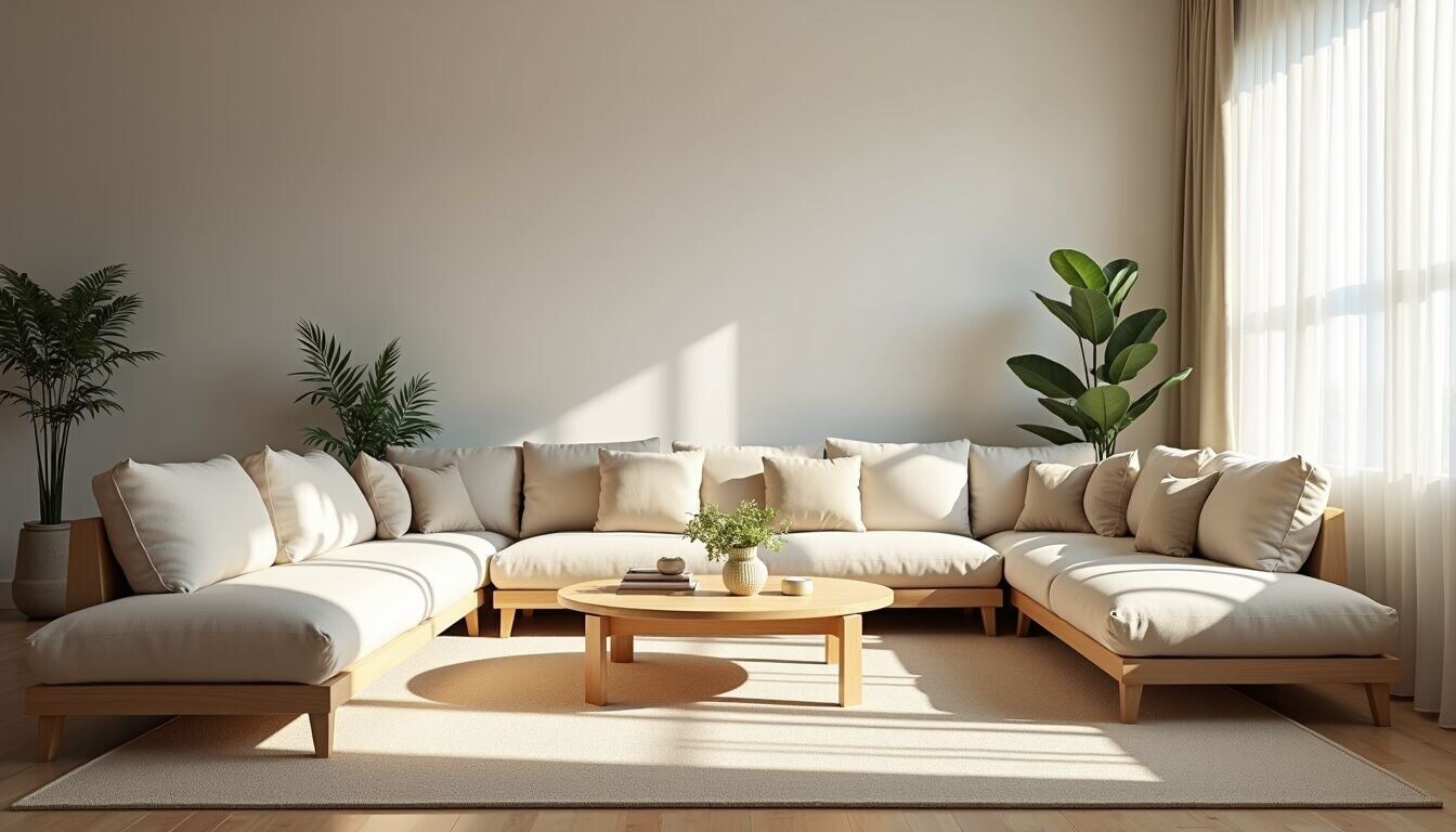 Wide angle view of a bright and inviting living room with natural light