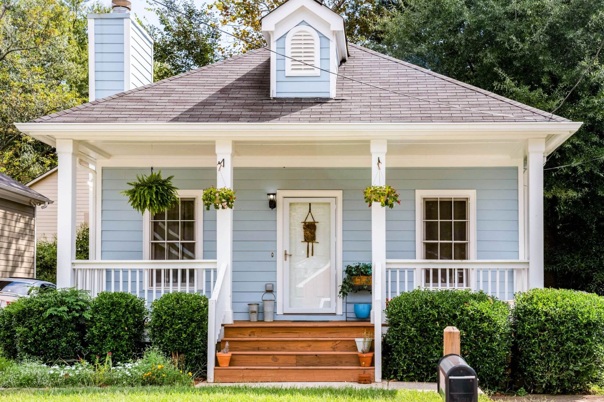 A starter home with light blue paint