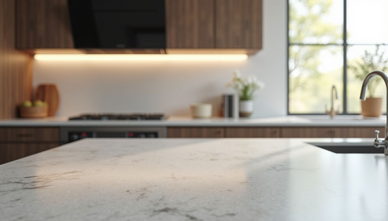 Eye-level view of a modern kitchen with quartz countertops