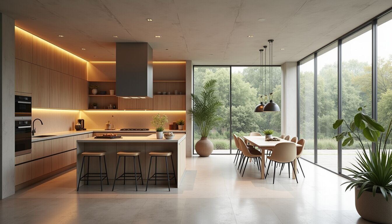 High angle view of an open modern kitchen design