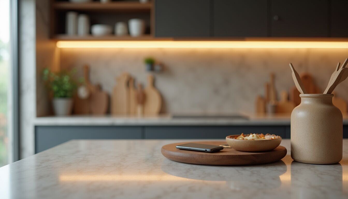 Close-up view of mixed materials in modern kitchen design