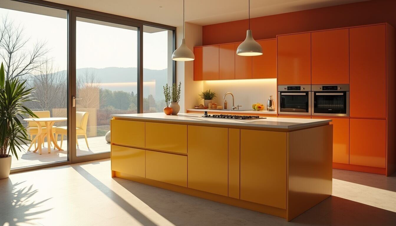 Eye-level view of a modern kitchen island with a bold color scheme