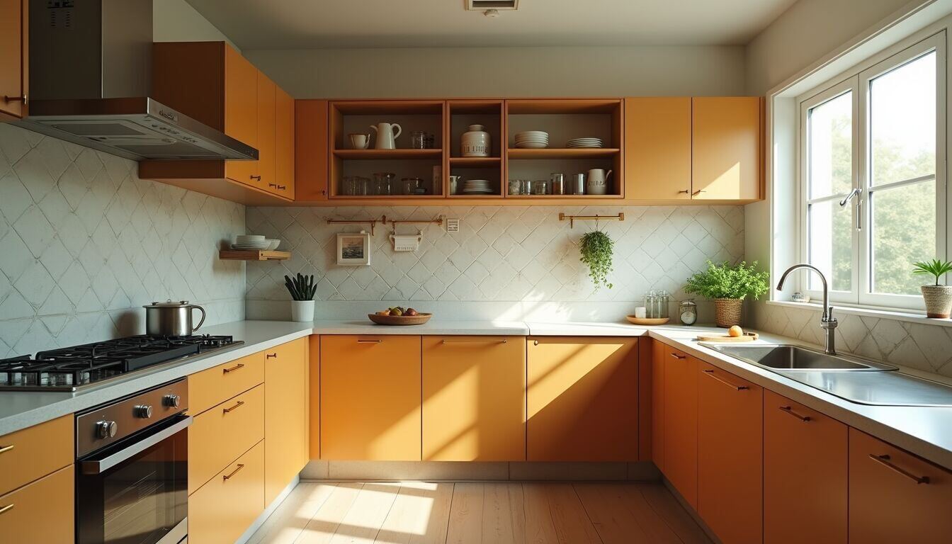 Wide angle view of a vintage modern kitchen blend