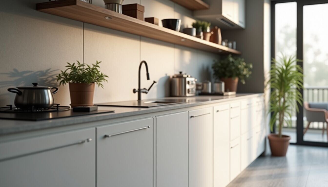 Eye-level view of modern kitchen with handleless cabinets and smart storage