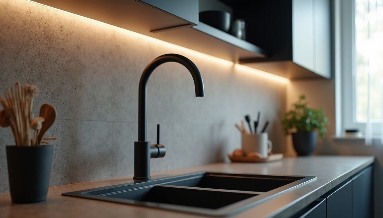 Close-up of textured backsplash and matte black faucet in kitchen