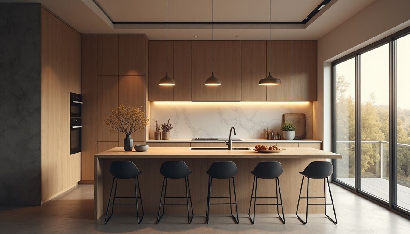 High angle view of kitchen island with pendant lighting