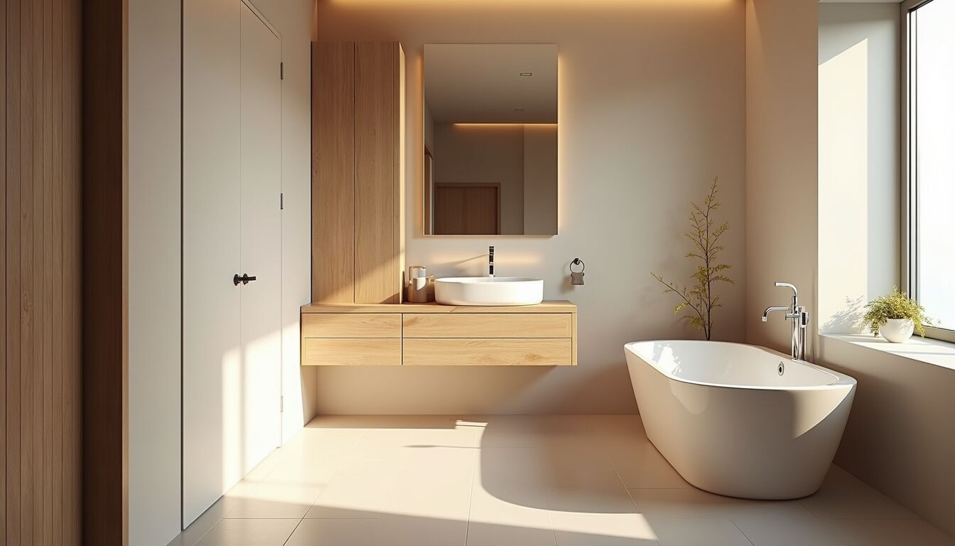 Eye-level view of a modern bathroom with soft lighting and natural wood accents