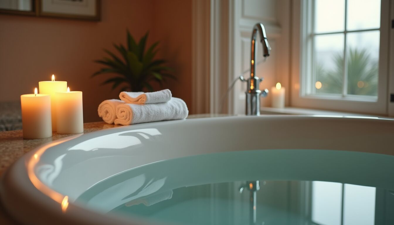 Close-up view of a soaking tub with candles and soft towels
