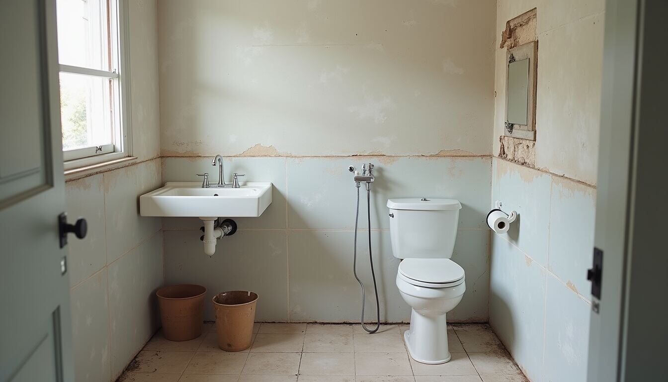 High angle view of a bathroom under renovation with plumbing and tile work in progress