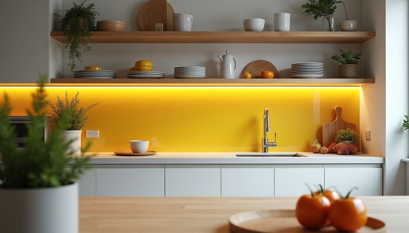 Eye-level view of modern kitchen with open shelving and colorful backsplash