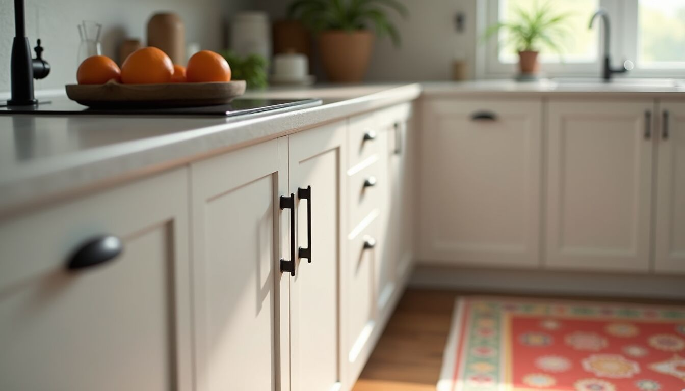 Close-up view of kitchen countertop with new hardware and colorful rug
