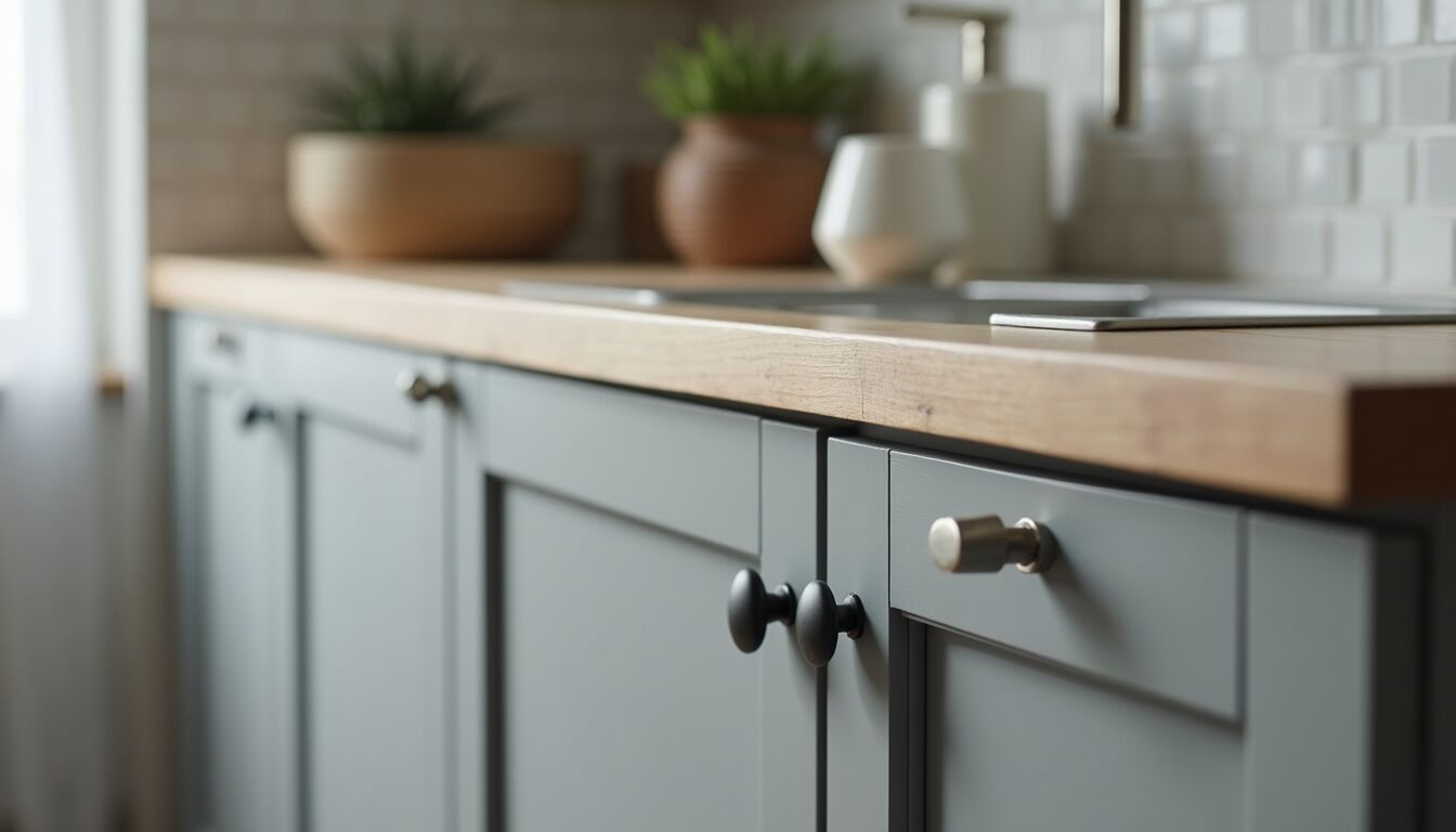 Eye-level view of a kitchen cabinet with fresh gray paint and new hardware