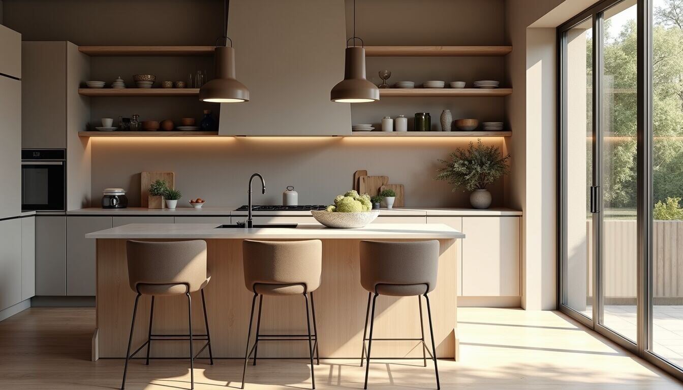 Eye-level view of a modern kitchen island with open shelving and pendant lights
