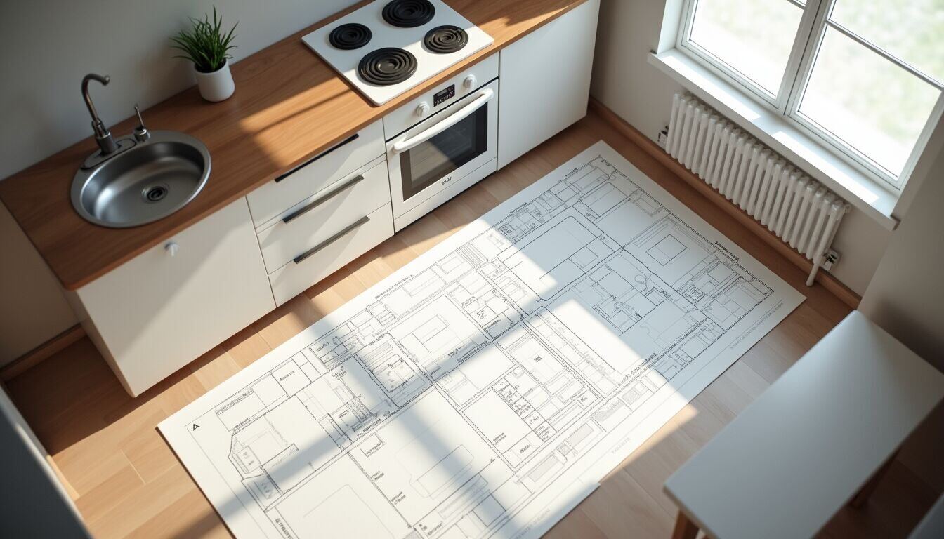High angle view of a kitchen layout plan with measurements and appliance placements