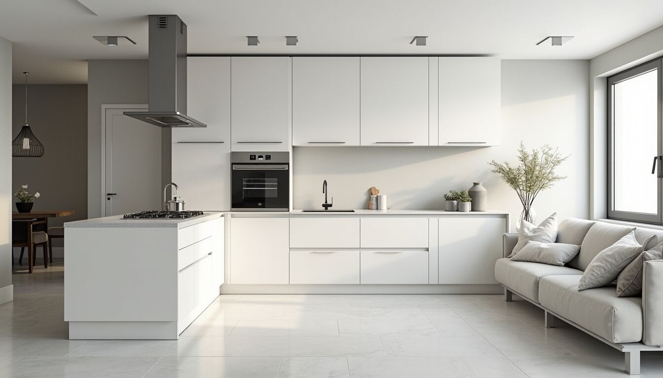 Eye-level view of modern kitchen with white cabinets and island