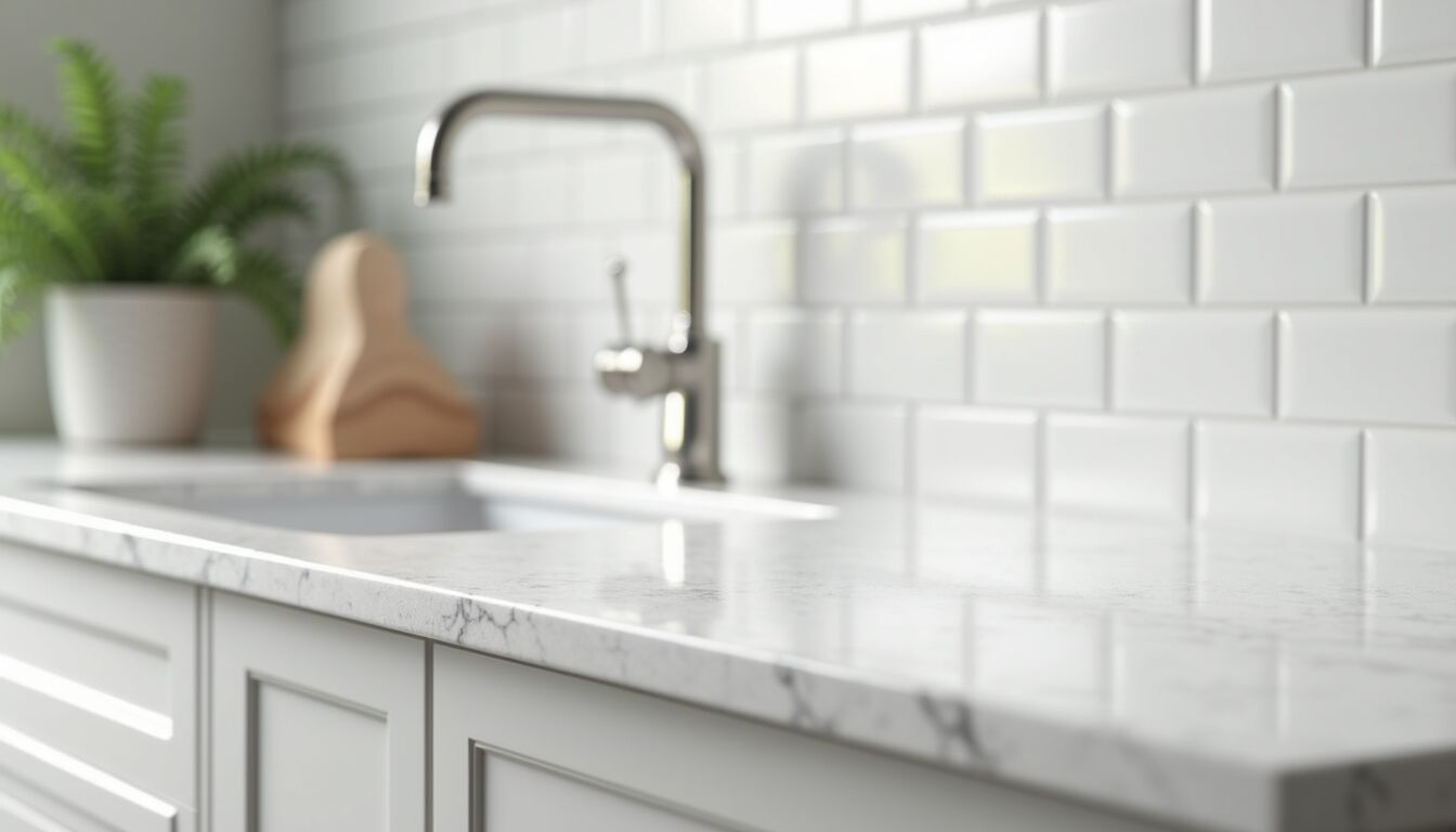 Close-up view of quartz countertop with white subway tile backsplash