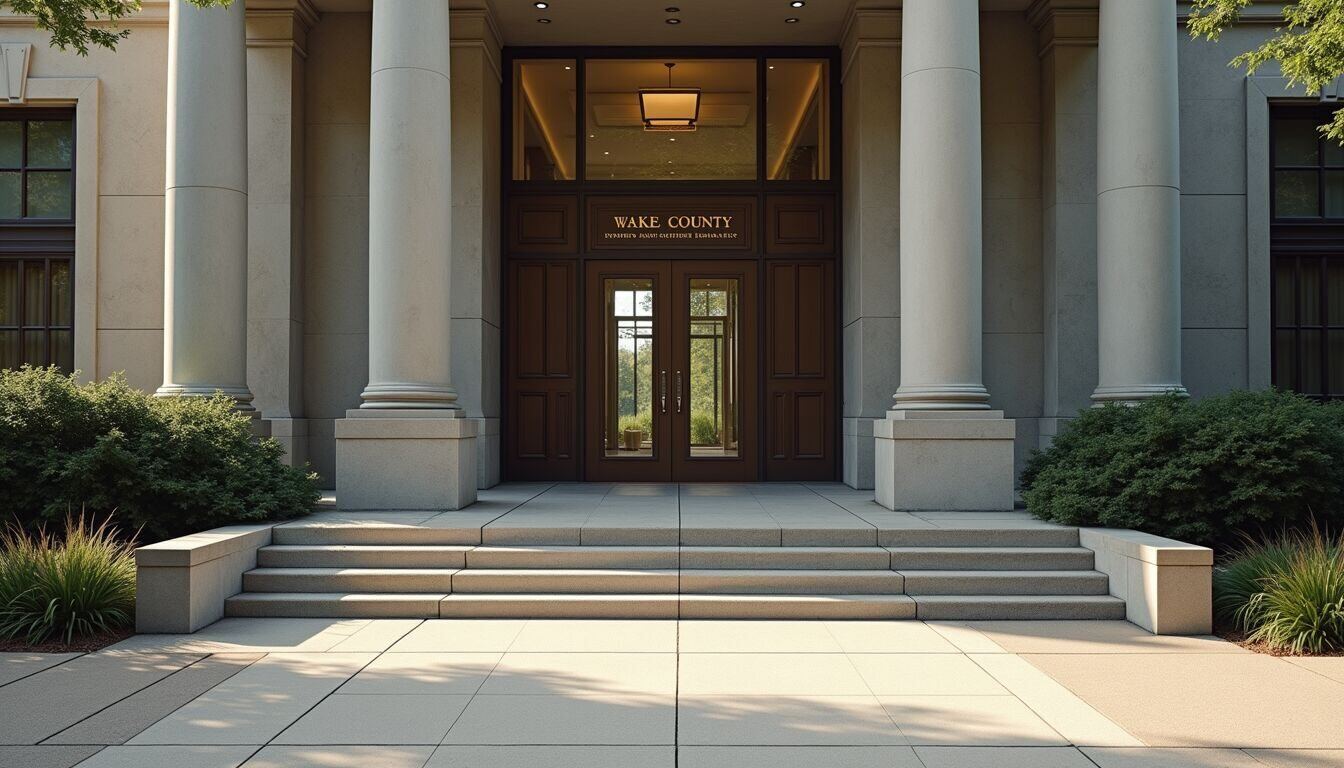 Eye-level view of Wake County government building entrance