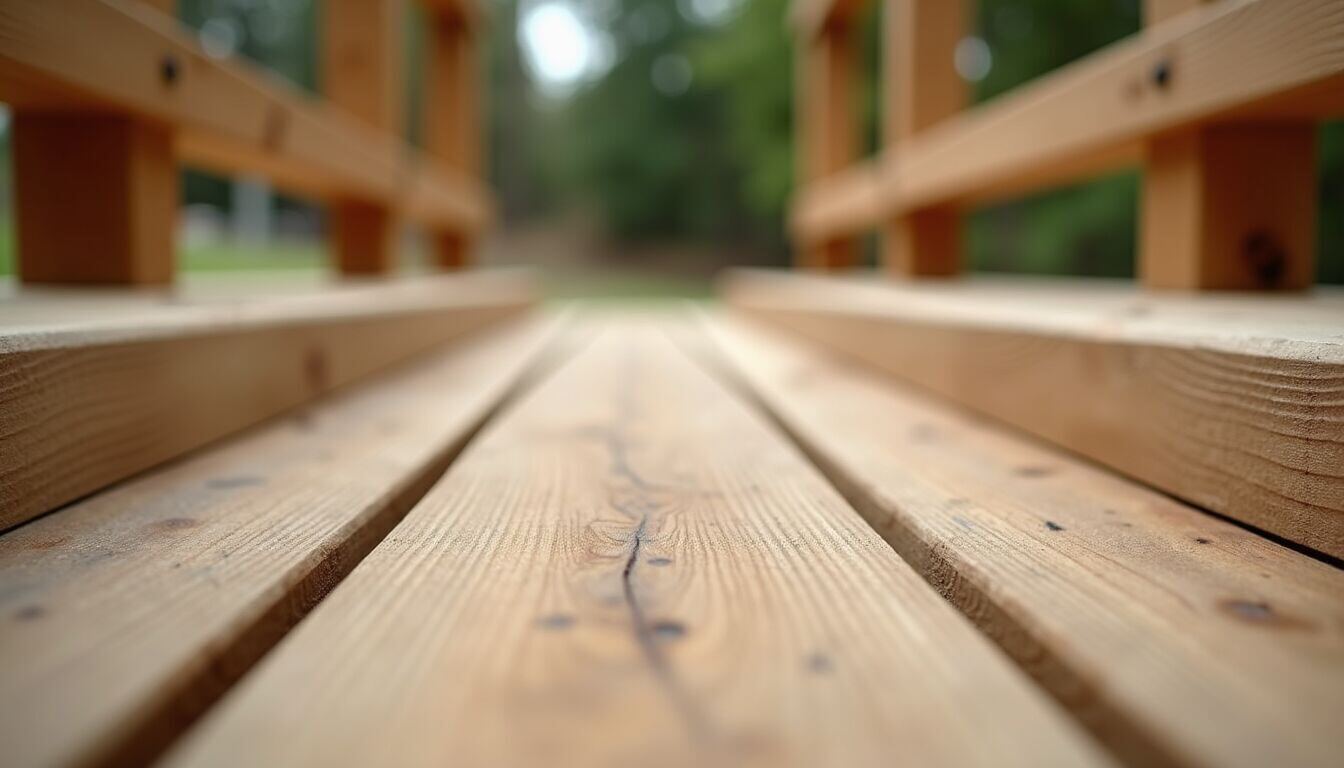 Close-up view of wooden deck construction with framing